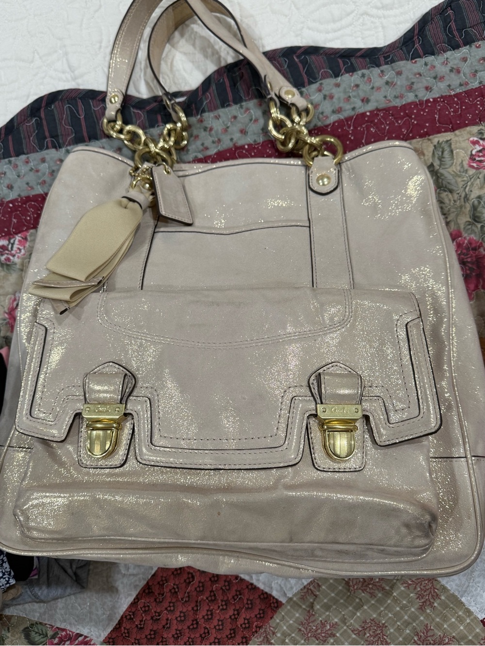 Coach Shimmery Pale Pink Leather Tote with Gold Hardware